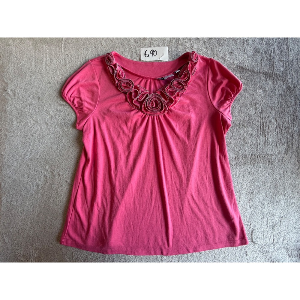 Simply Chloe Dao Blouse Womens XL Pink Zipper Rose Floral Puff Sleeve